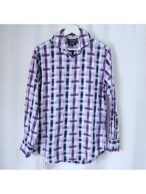 Neiman Marcus Dress Shirt 15 (32-33) Purple Plaid Check Trim Fit Designer